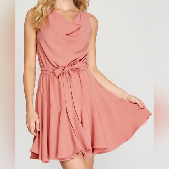 She + Sky SLEEVELESS COWL NECK	FLOUNCE WOVEN DRESS WITH SASH - Picture 1 of 2